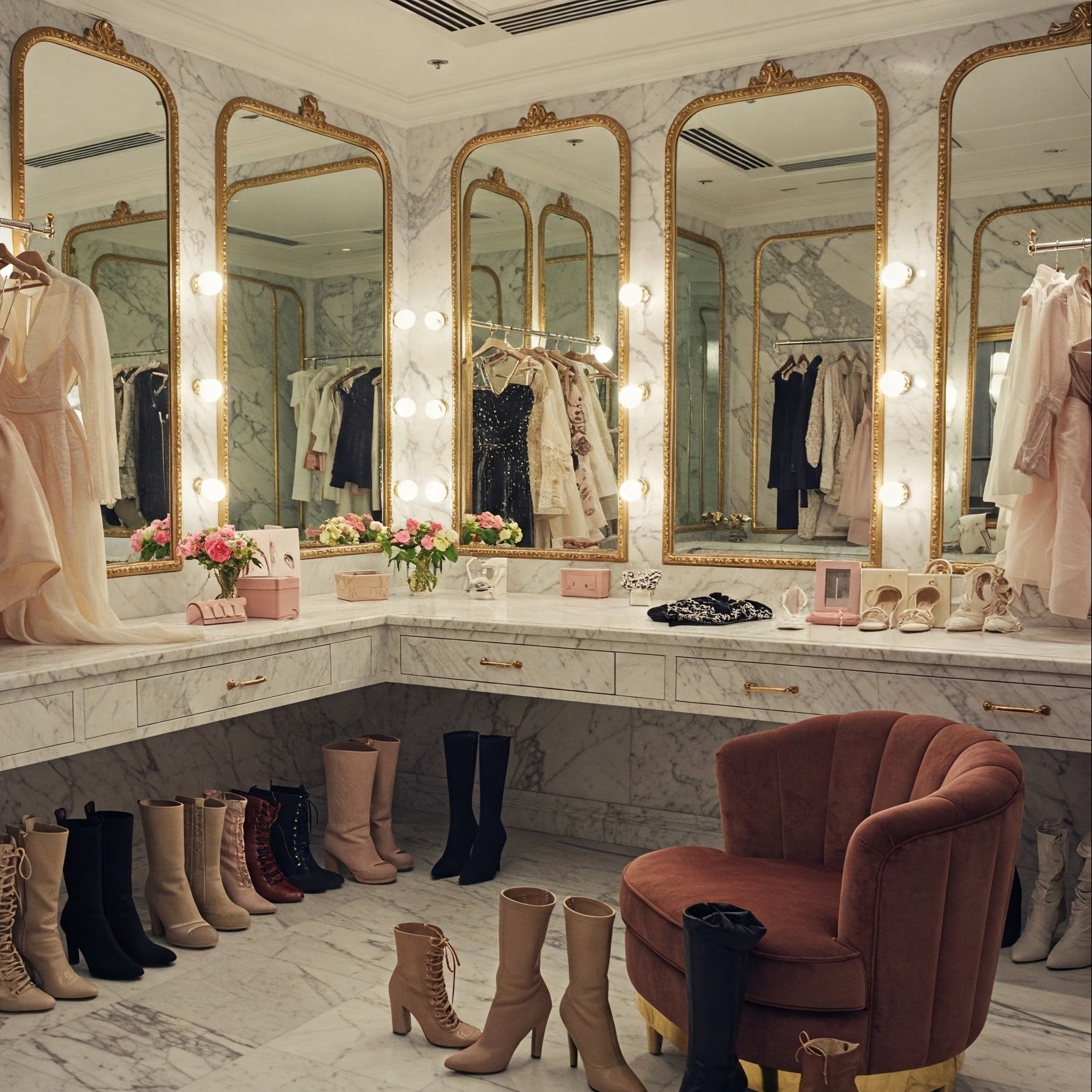 Designer showroom with mirrors, clothing, and shoes on a marble floor.
